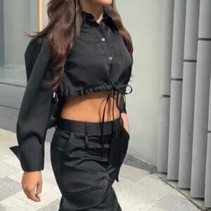 NWT The Noli Shop Milan Satin Button Up Shirt Large Black Boxy Cropped Cargo